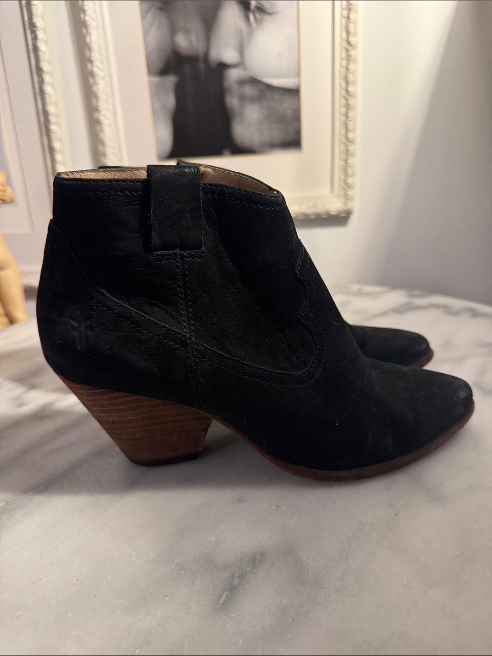 Frye Black Suede Pointed Ankle Booties with Stacked Heel